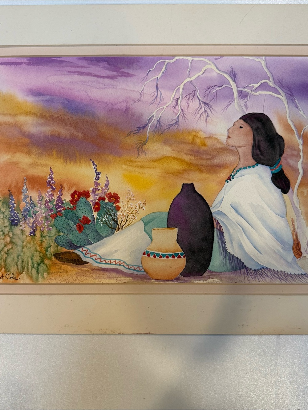 Southwestern Native Woman Watercolor Painting - Purple & Earth Tones